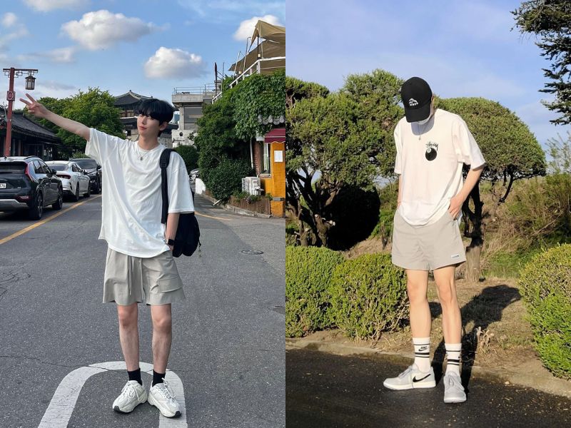 những cách phối đồ với quần short kaki nam cùng áo thun