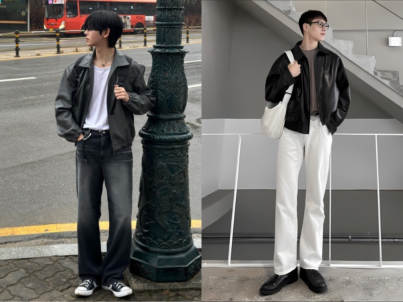 cách phối đồ với áo da nam kết hợp quần ống rộng