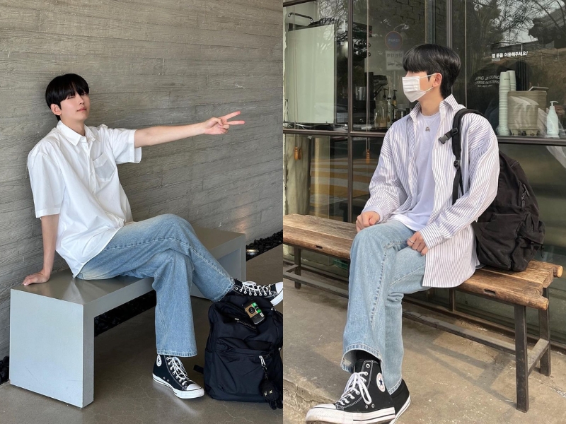 Quần jeans nam, áo sơ mi với giày converse