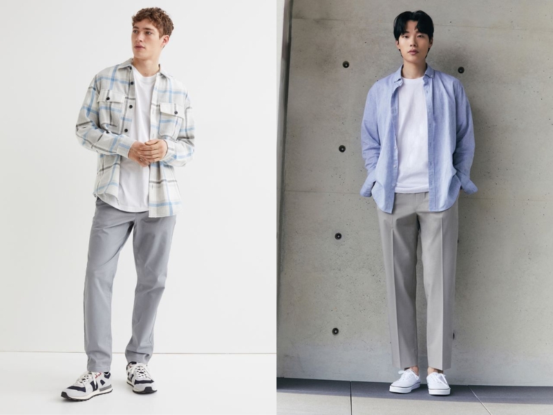 phối đồ với Áo thun form rộng phối cùng áo khoác sơ mi bên ngoài