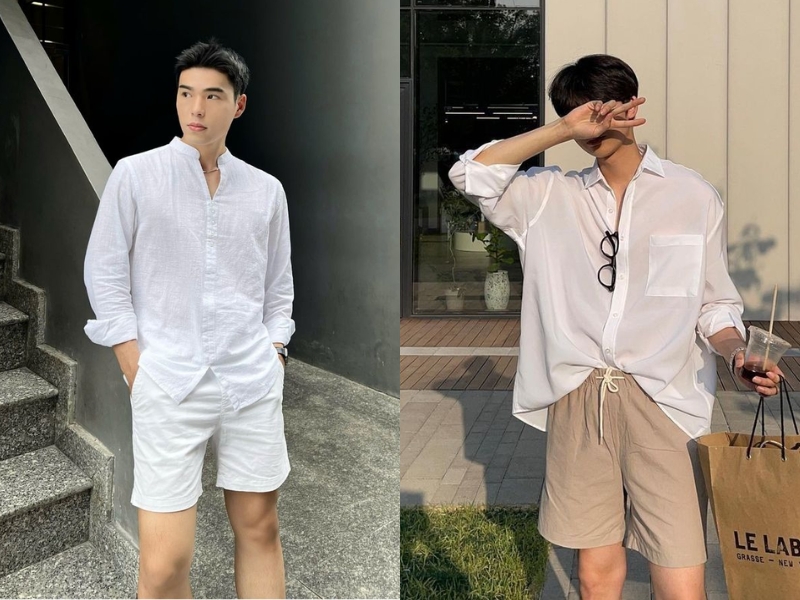 phối áo sơ mi trắng với quần short nam
