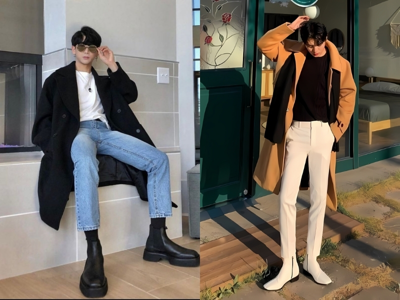 Phối đồ với giày boot nam phối quần tây và áo măng tô