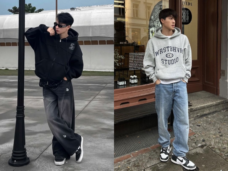 phối áo hoodie và quần jean ống suông