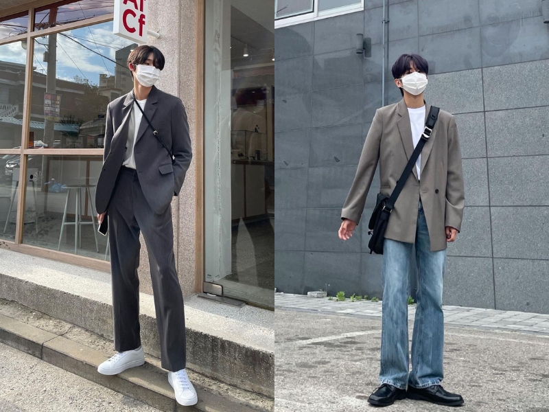 phối áo blazer với áo thun basic cho người lùn nam