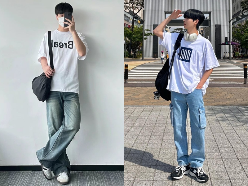 cách phối đồ nam với áo thun trắng và áo sơ mi khoác ngoài kết hợp sneaker