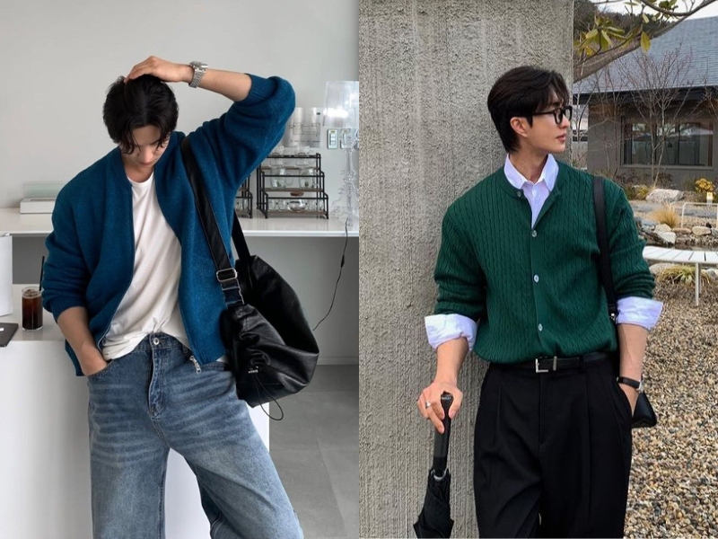 Set đồ đi đám cưới cho nam gầy từ áo cardigan