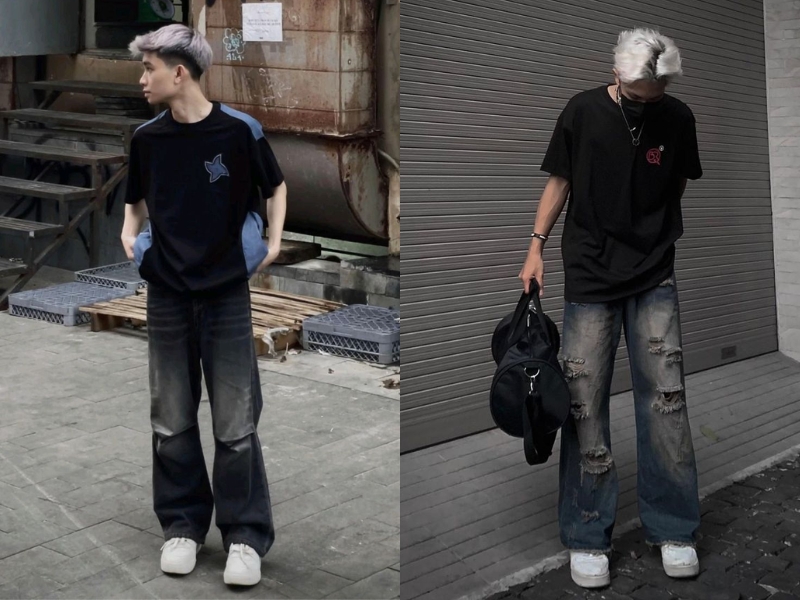 phối đồ nam với áo thun và quần jeans rách