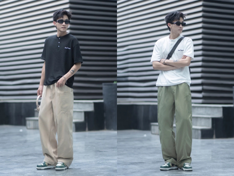 phối đồ với quần túi hộp nam cùng áo thun
