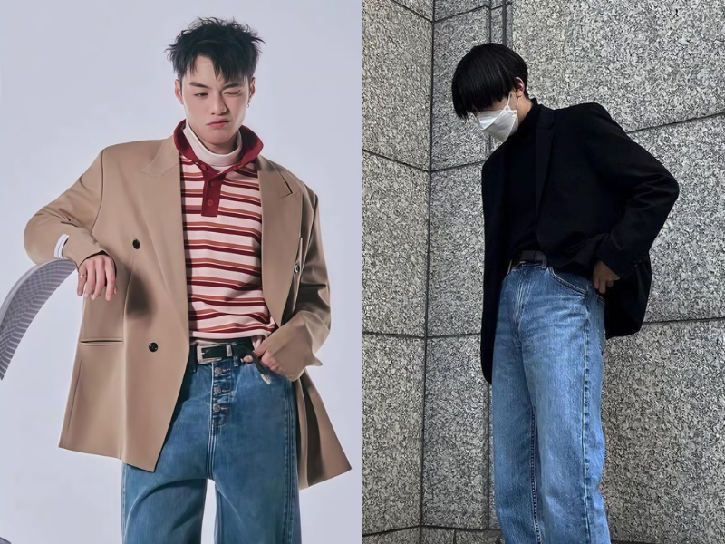 áo cổ lọ phối áo blazer và quần jean nam