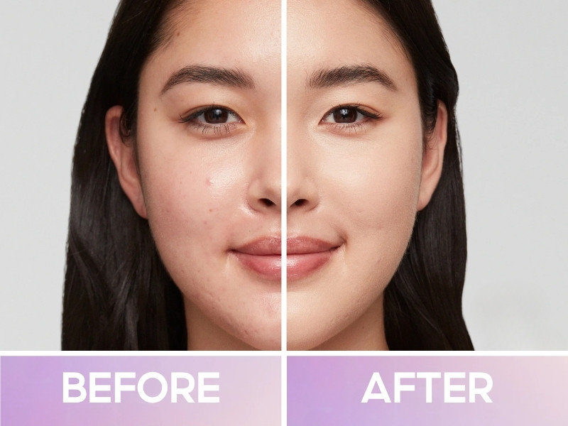Trước và sau khi đánh kem nền Revlon Illuminance Skin-Caring