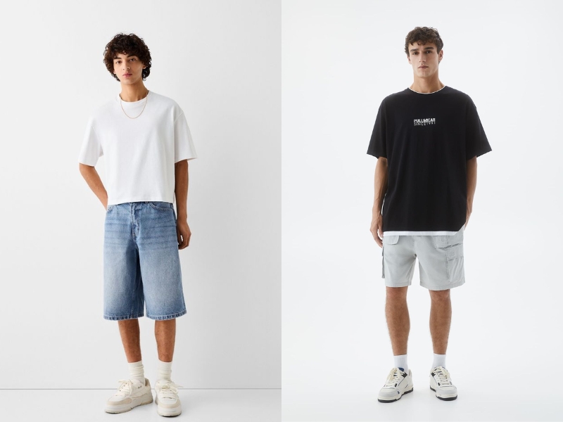 Phối đồ áo phông rộng màu trắng hoặc màu đen nam với quần short