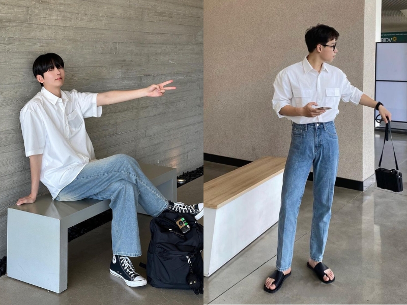 áo sơ mi nam với quần jean xanh