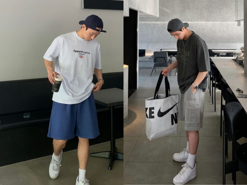 phối quần short với áo thun nam trơn