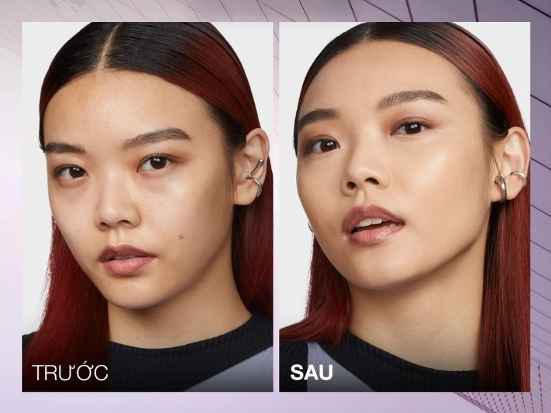 Trước và sau khi đánh kem nền Maybelline Lumi Matte