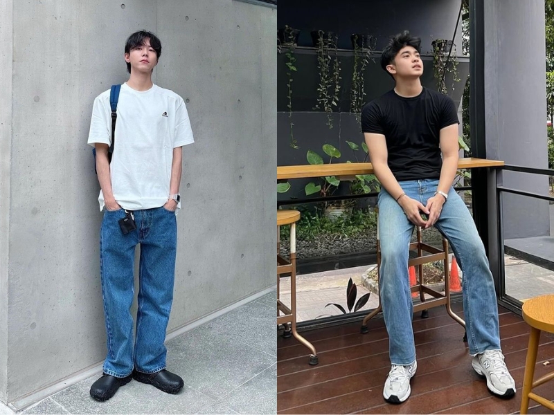 quần jean xanh nam cùng áo thun