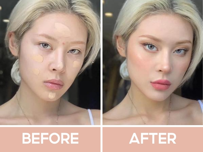 Trước và sau khi đánh kem nền MAC Studio