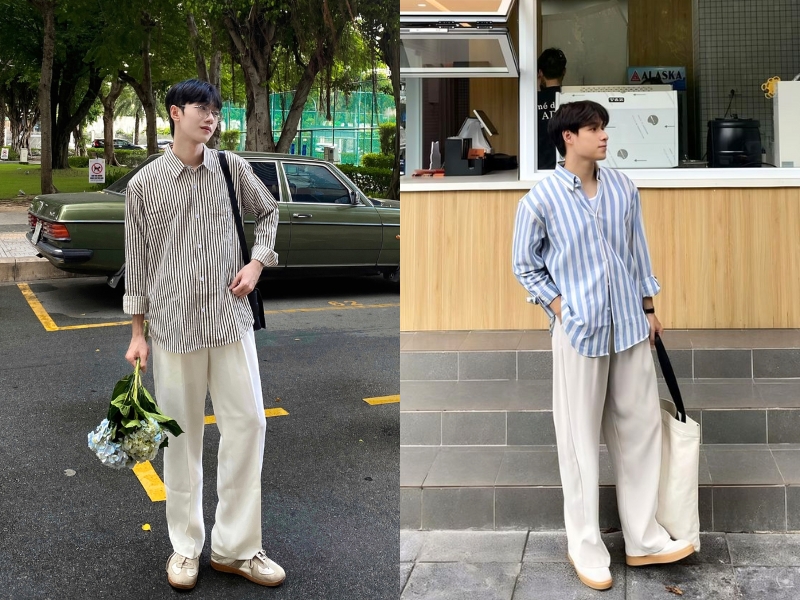 Phối áo sơ mi kẻ sọc nam kết hợp quần âu lịch lãm
