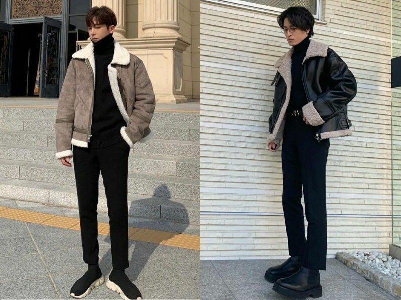 Phối áo bomber lông với áo len cổ lọ nam