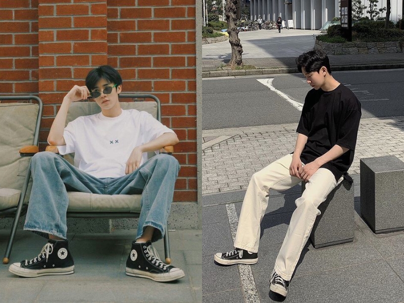 Áo thun nam với giày converse