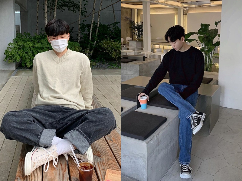 Áo sweater và converse cổ cao nam