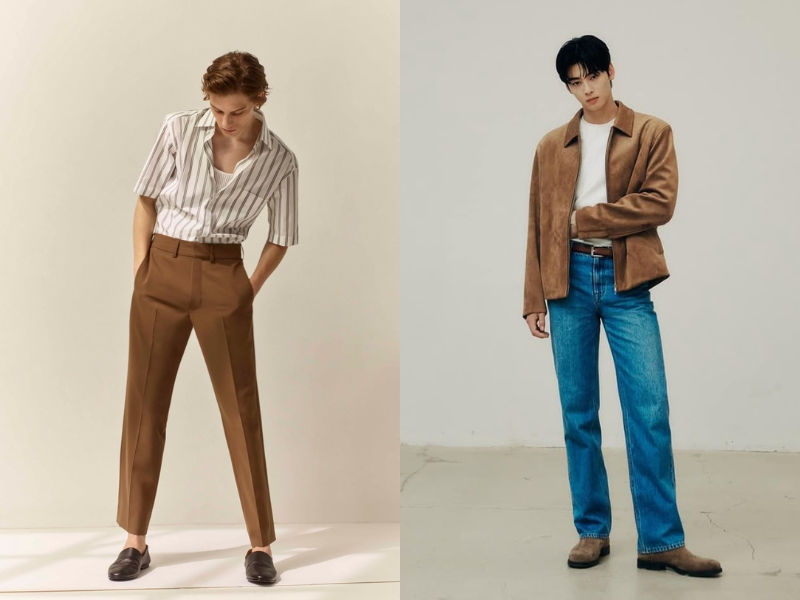 Dùng quần tây màu nâu hoặc quần jean để phối đồ style vintage nam