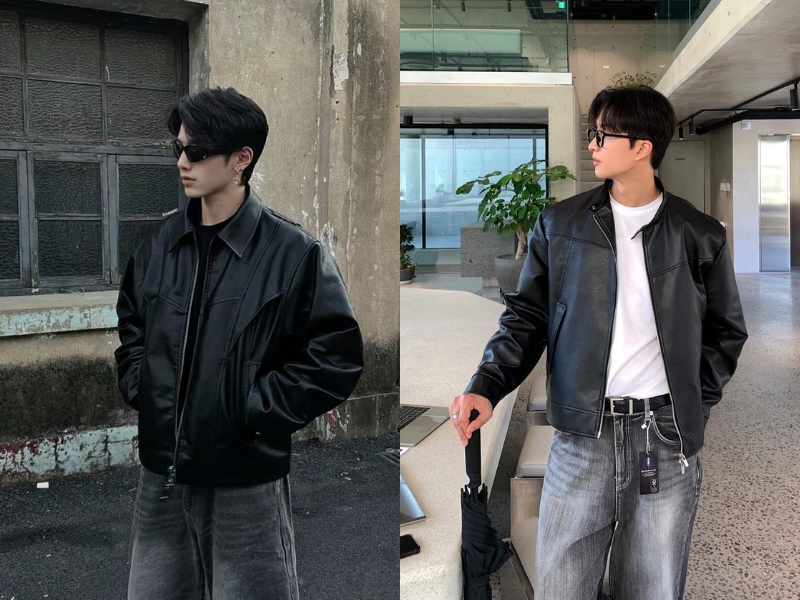 Phối thêm áo khoác da và quần jean áo thun nam