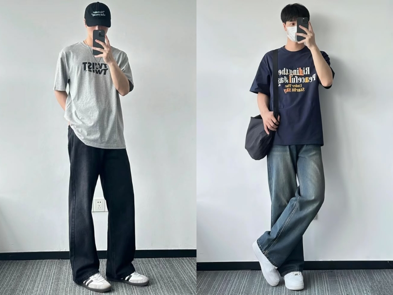 Phối đồ với áo thun nam với quần jean và giày sneaker