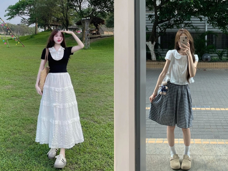 Cách phối đồ nữ với chân váy xòe sẽ che đôi chân gầy