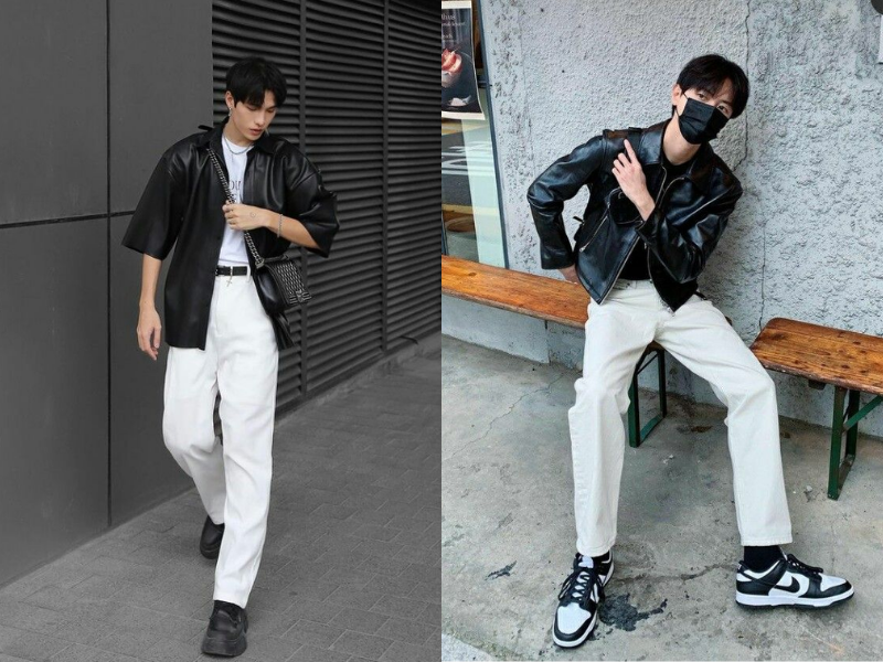 Quần jean trắng nam phối cùng áo thun, khoác da