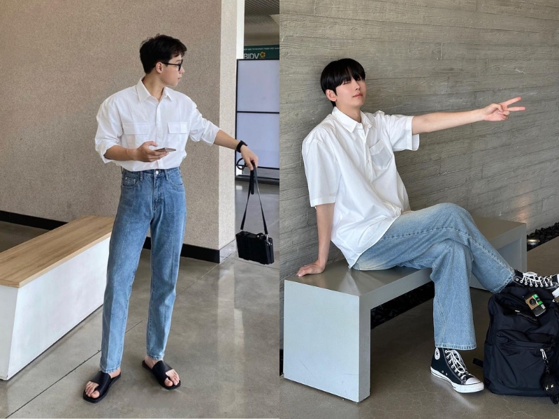 Phối áo sơ mi trắng với quần jeans nam