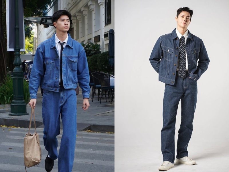 phối quần jeans và áo khoác jean, áo sơ mi nam