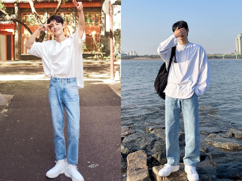 outfit quần jeans xanh phối áo thun trắng