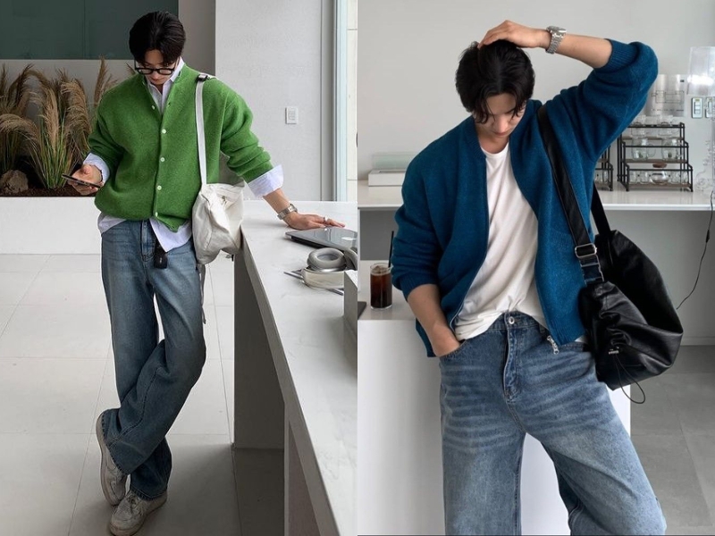 Phối áo cardigan nam với quần jean