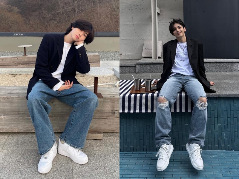 Phối áo blazer với quần jean nam và áo thun 