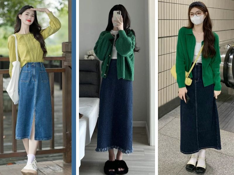 Phối xanh lá và chân váy jean 