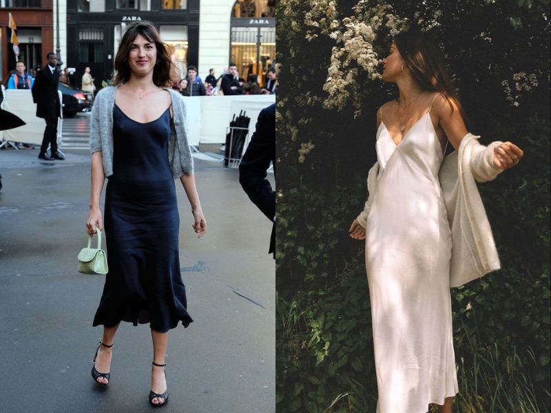 Váy slip dress và cardigan mỏng. 