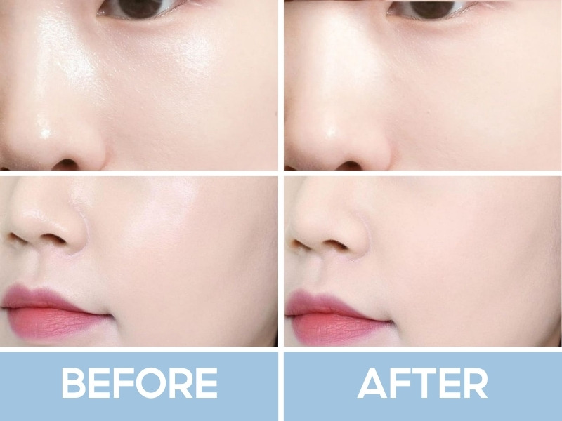 Trước và sau khi dùng phấn phủ About Tone xanh