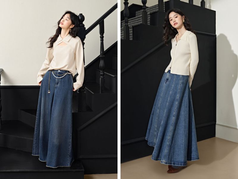 Phối áo kem cùng jean ống rộng