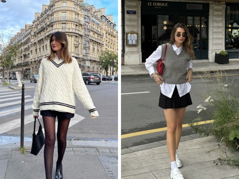 outfit áo len cổ V với chân váy ngắn