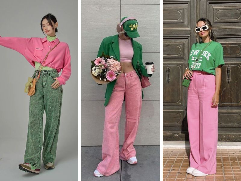 Phối tương phản xanh lá và hồng