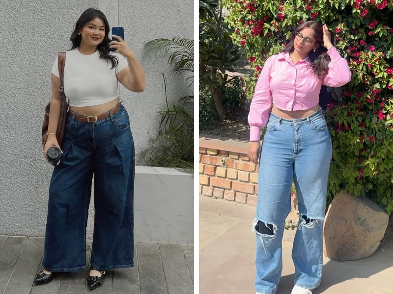 outfit dáng chubby quần jean cạp cao và áo thun hoặc sơ mi croptop
