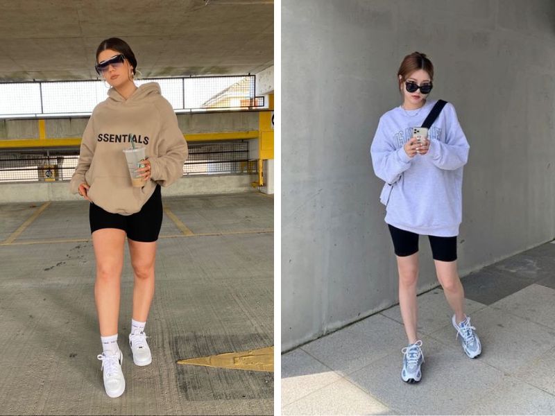 outfit áo hoodie oversize và quần short biker