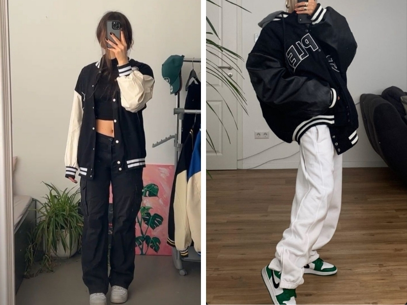 outfit unisex oversize áo khoác bomber và quần cargo