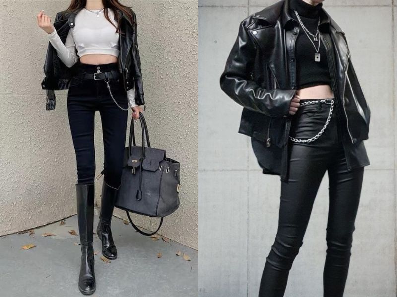 Cách phối áo khoác da + quần skinny đen.