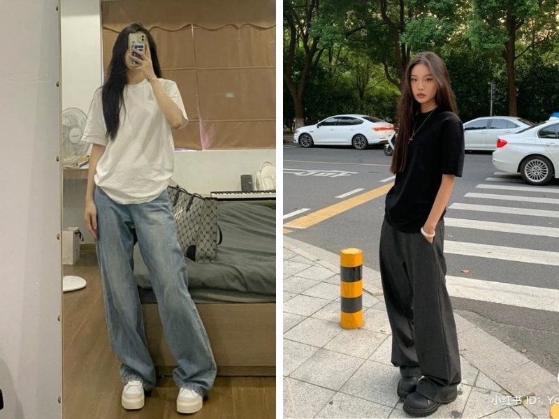 outfit áo thun oversize quần jeans ống suông