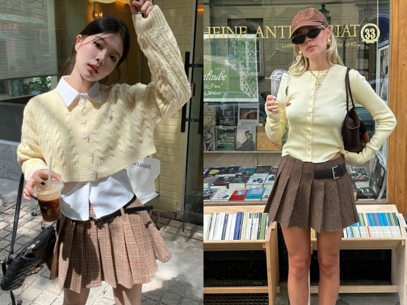 phối áo màu vàng với chân váy tennis màu nâu