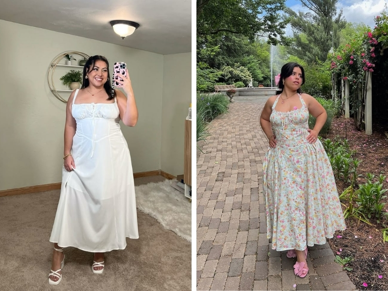 outfit dáng chubby váy dài đến gót chân hai dây và giày cao gót
