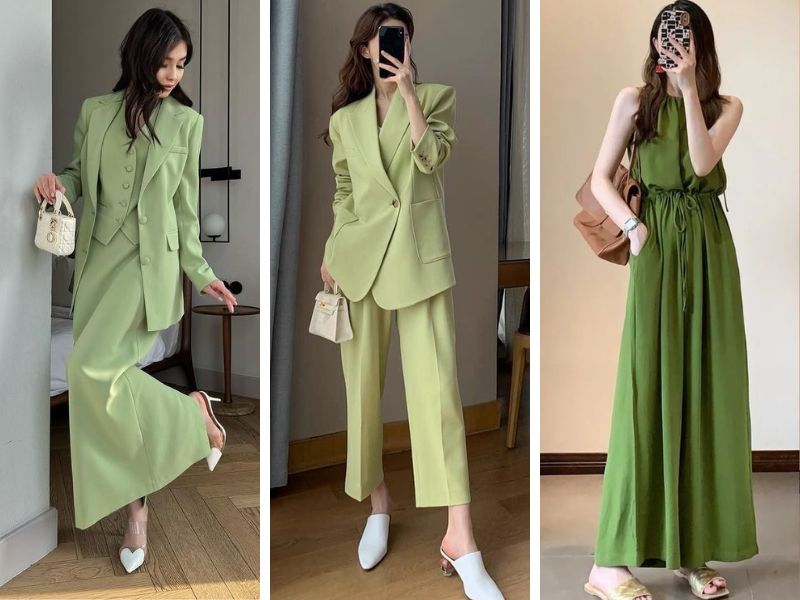 Phối xanh lá set dài với váy và vest