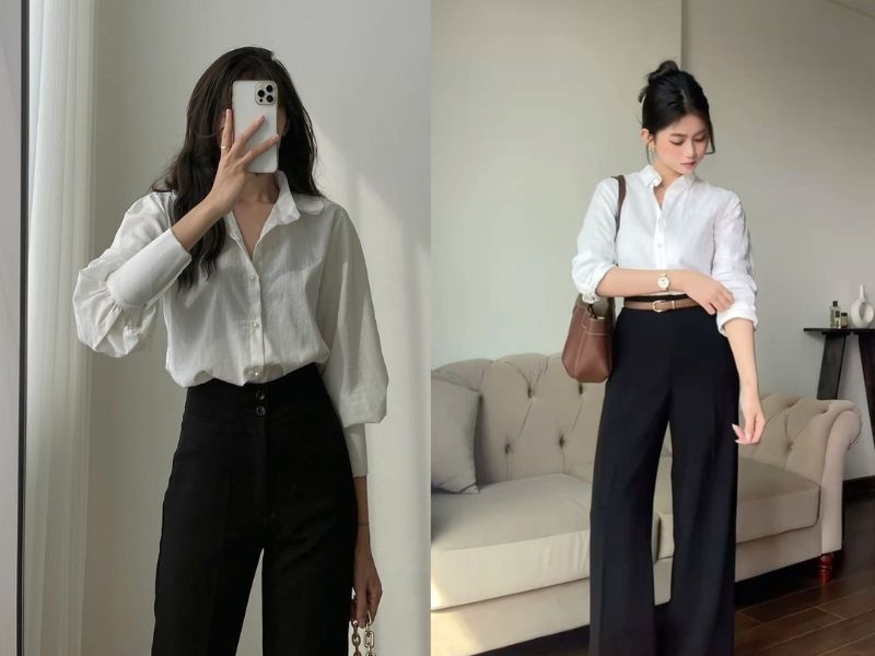 Outfit áo sơ mi trắng + quần tây đen.