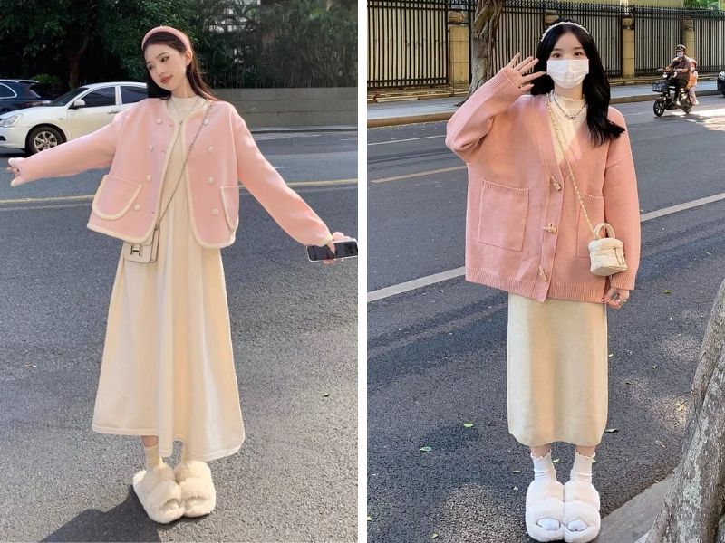 Phối áo hồng và chân váy màu kem 